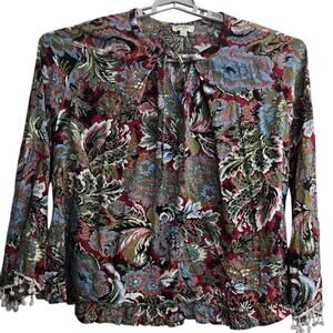 Umgee Boho Blouse S Floral Paisley Print Tassel Tie Cotton Blend‎ Long Sleeve